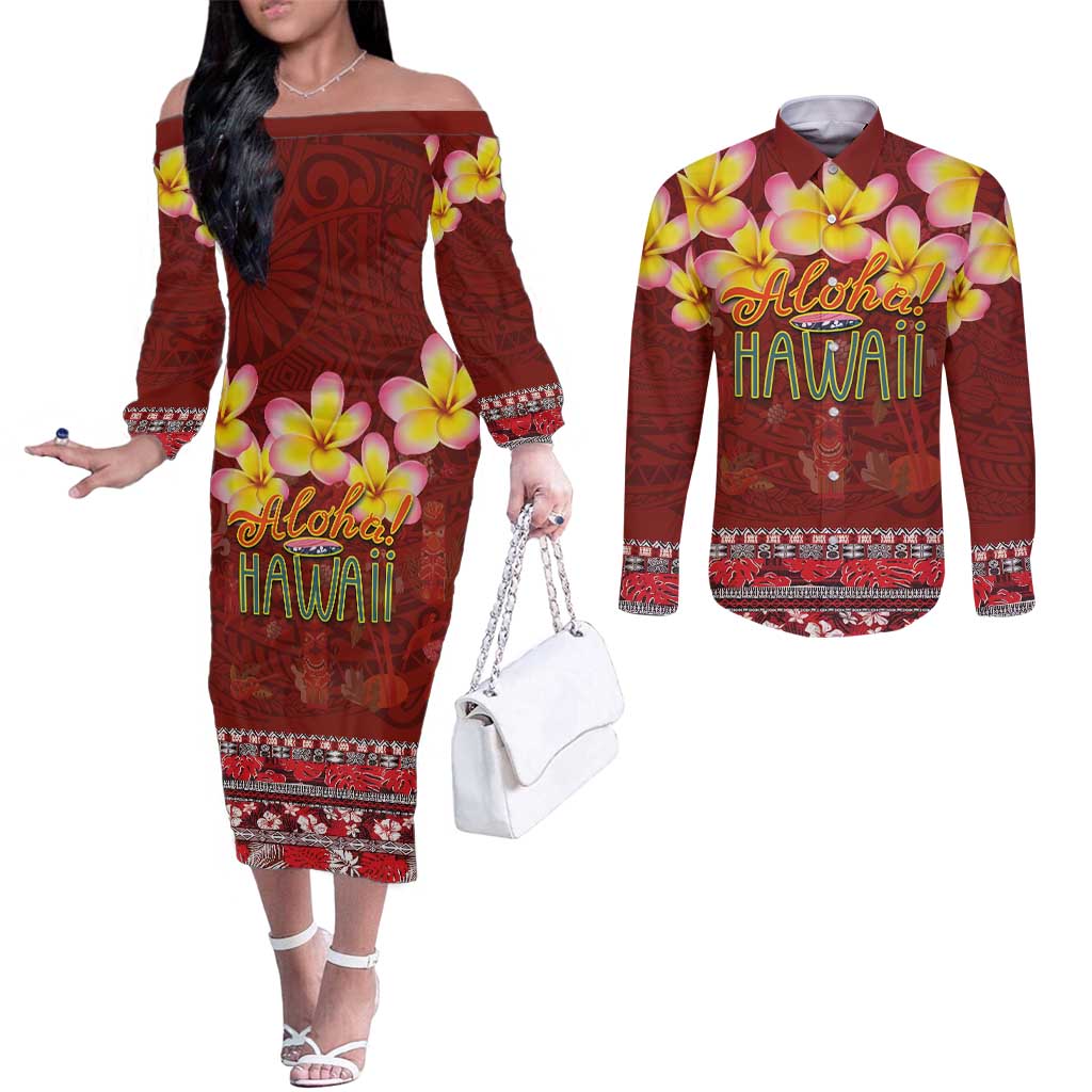 Aloha Plumeria Flowers Couples Matching Off The Shoulder Long Sleeve Dress and Long Sleeve Button Shirt With Hawaiian Style Tapa Tribal