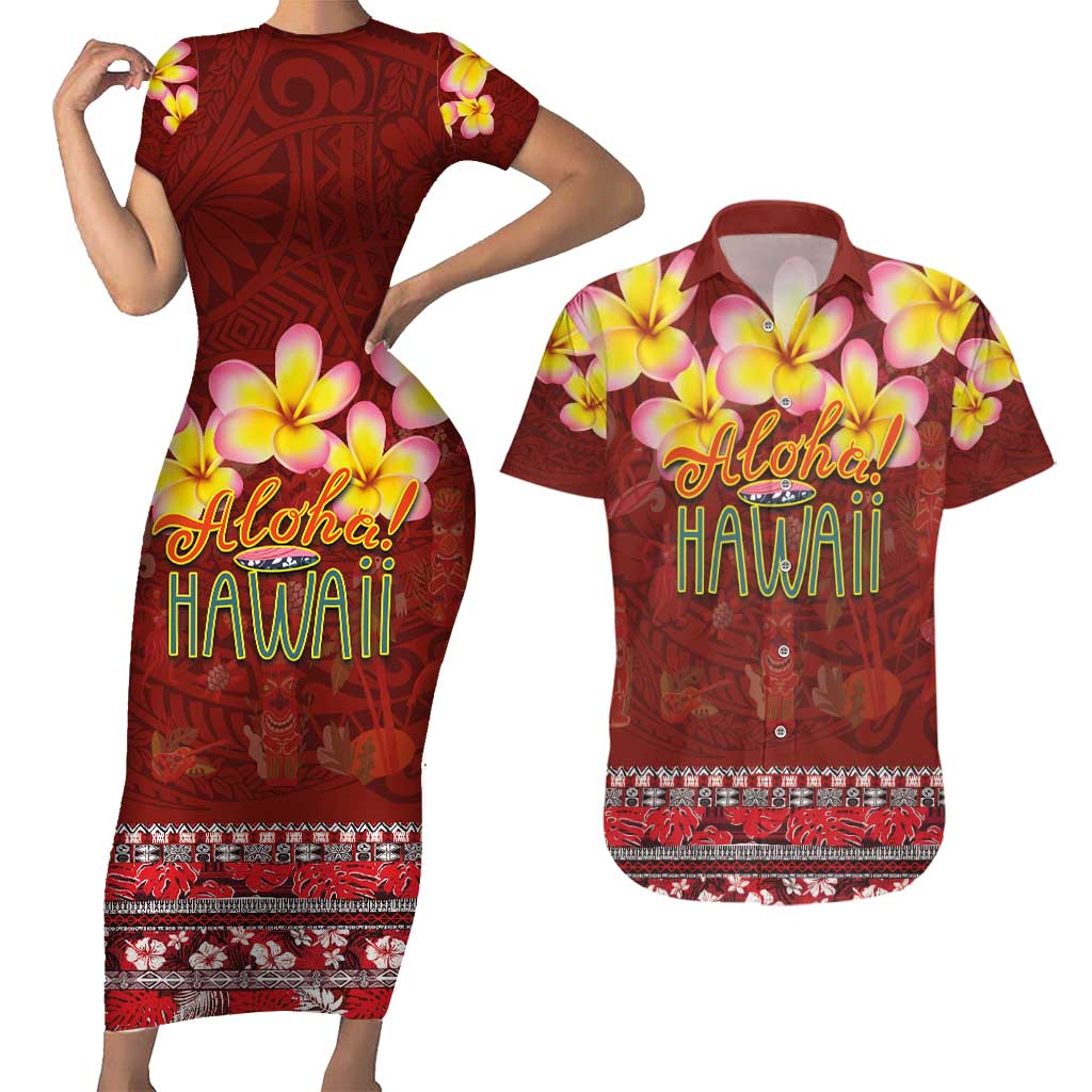 Aloha Plumeria Flowers Couples Matching Short Sleeve Bodycon Dress and Hawaiian Shirt With Hawaiian Style Tapa Tribal LT03 Red - Polynesian Pride