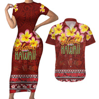 Aloha Plumeria Flowers Couples Matching Short Sleeve Bodycon Dress and Hawaiian Shirt With Hawaiian Style Tapa Tribal LT03 Red - Polynesian Pride
