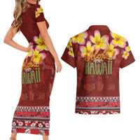 Aloha Plumeria Flowers Couples Matching Short Sleeve Bodycon Dress and Hawaiian Shirt With Hawaiian Style Tapa Tribal LT03 - Polynesian Pride