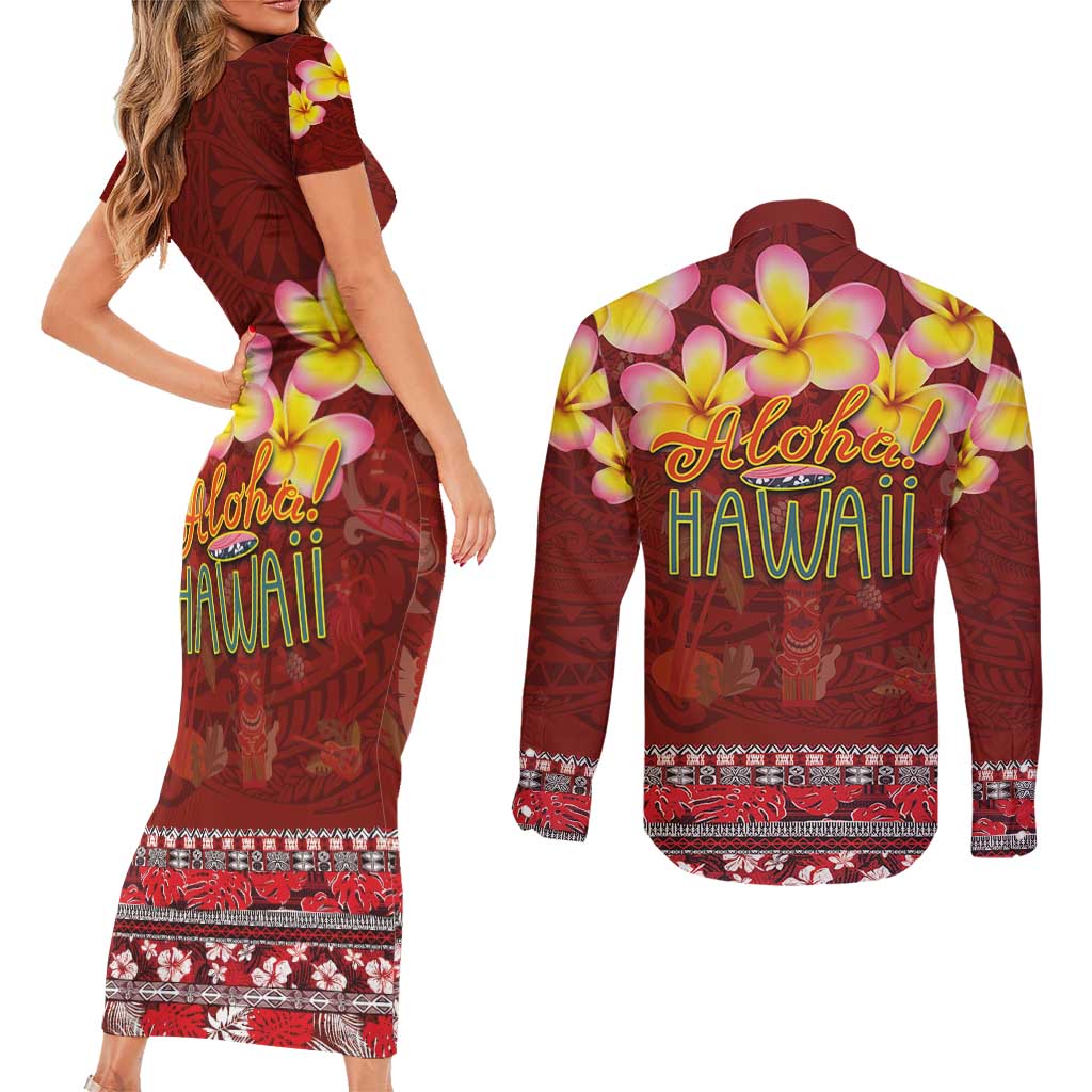 Aloha Plumeria Flowers Couples Matching Short Sleeve Bodycon Dress and Long Sleeve Button Shirt With Hawaiian Style Tapa Tribal