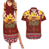 Aloha Plumeria Flowers Couples Matching Summer Maxi Dress and Hawaiian Shirt With Hawaiian Style Tapa Tribal