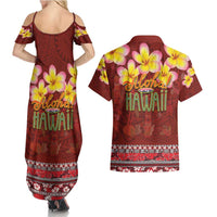 Aloha Plumeria Flowers Couples Matching Summer Maxi Dress and Hawaiian Shirt With Hawaiian Style Tapa Tribal