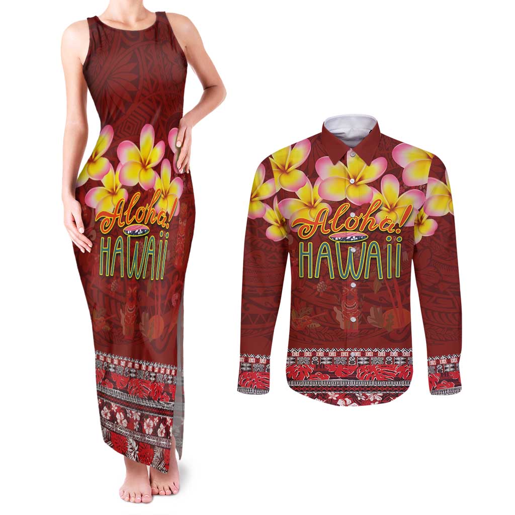 Aloha Plumeria Flowers Couples Matching Tank Maxi Dress and Long Sleeve Button Shirt With Hawaiian Style Tapa Tribal