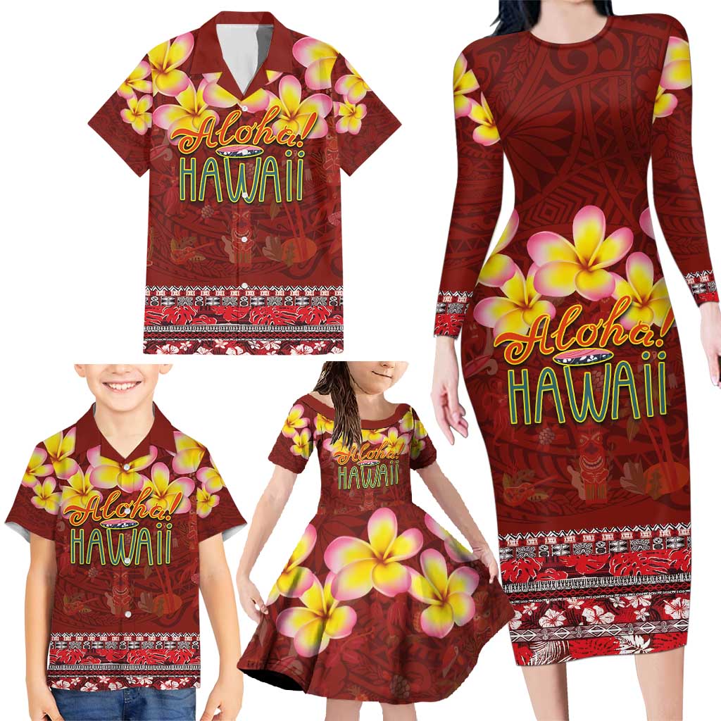 Aloha Plumeria Flowers Family Matching Long Sleeve Bodycon Dress and Hawaiian Shirt With Hawaiian Style Tapa Tribal LT03 - Polynesian Pride