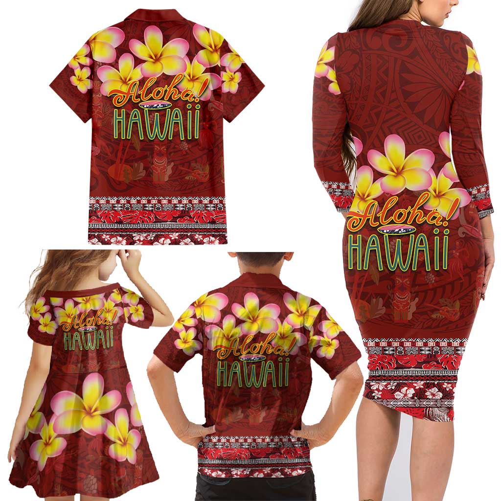 Aloha Plumeria Flowers Family Matching Long Sleeve Bodycon Dress and Hawaiian Shirt With Hawaiian Style Tapa Tribal LT03 - Polynesian Pride