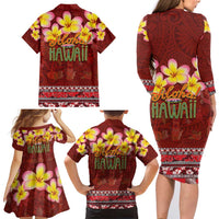 Aloha Plumeria Flowers Family Matching Long Sleeve Bodycon Dress and Hawaiian Shirt With Hawaiian Style Tapa Tribal LT03 - Polynesian Pride