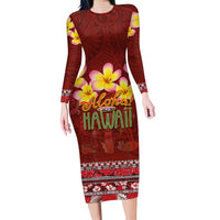 Aloha Plumeria Flowers Family Matching Long Sleeve Bodycon Dress and Hawaiian Shirt With Hawaiian Style Tapa Tribal LT03 Mom's Dress Red - Polynesian Pride