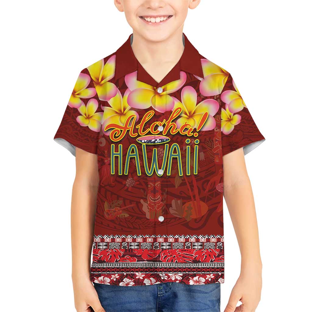 Aloha Plumeria Flowers Family Matching Long Sleeve Bodycon Dress and Hawaiian Shirt With Hawaiian Style Tapa Tribal LT03 Son's Shirt Red - Polynesian Pride