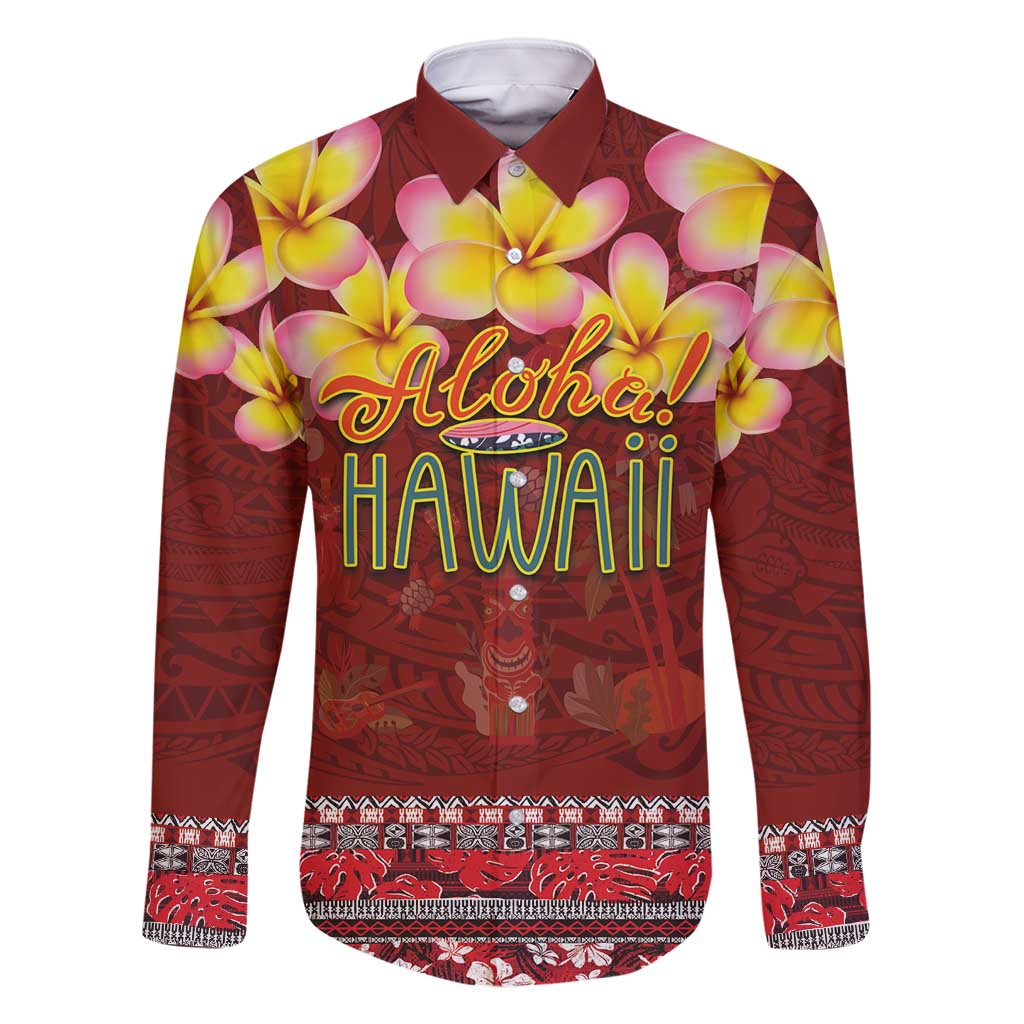Aloha Plumeria Flowers Family Matching Mermaid Dress and Hawaiian Shirt With Hawaiian Style Tapa Tribal LT03 Dad's Shirt - Long Sleeve Red - Polynesian Pride
