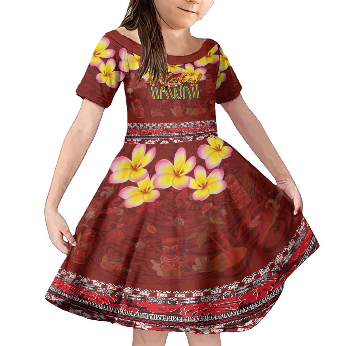 Aloha Plumeria Flowers Family Matching Off The Shoulder Long Sleeve Dress and Hawaiian Shirt With Hawaiian Style Tapa Tribal LT03 Daughter's Dress Red - Polynesian Pride