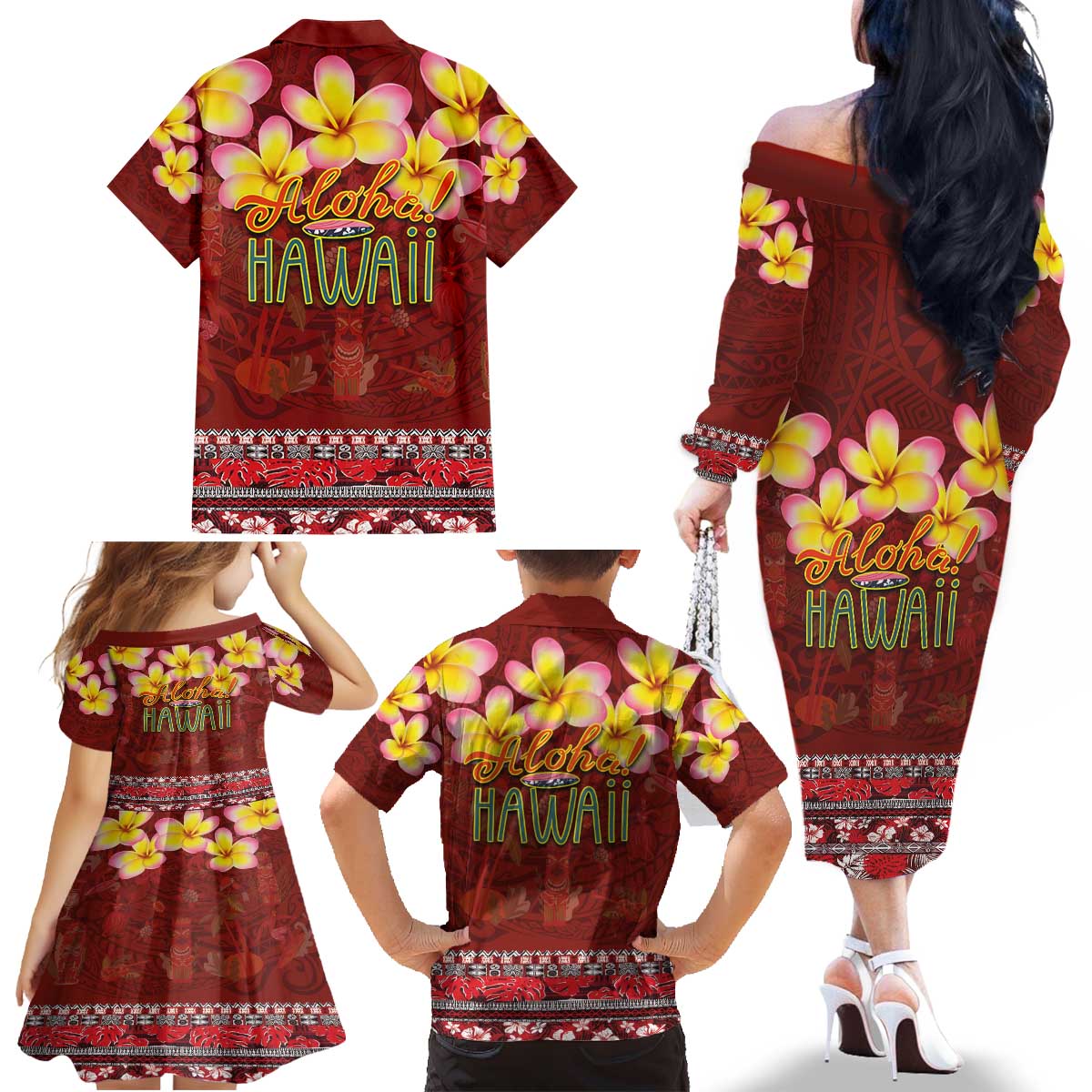 Aloha Plumeria Flowers Family Matching Off The Shoulder Long Sleeve Dress and Hawaiian Shirt With Hawaiian Style Tapa Tribal LT03 - Polynesian Pride