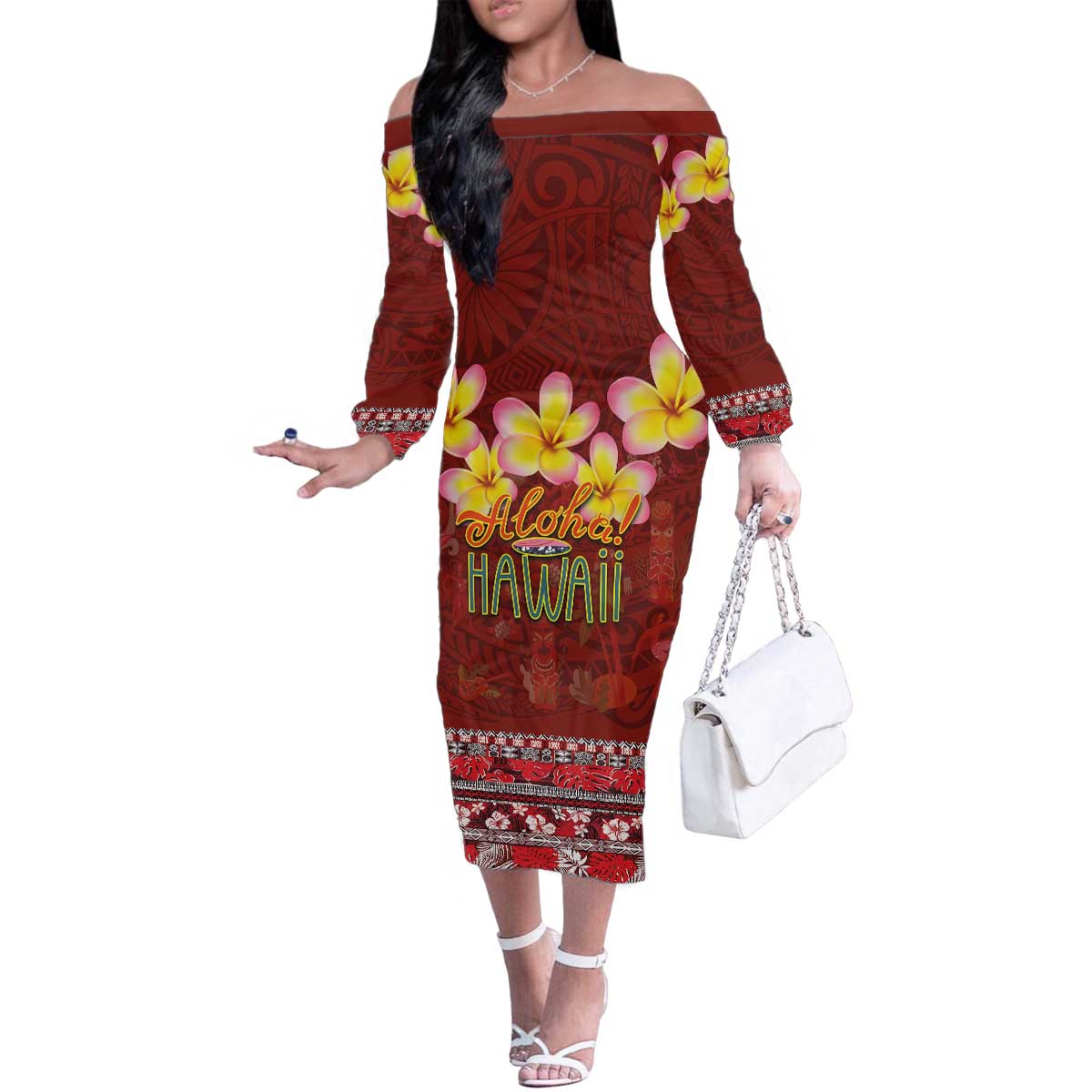 Aloha Plumeria Flowers Family Matching Off The Shoulder Long Sleeve Dress and Hawaiian Shirt With Hawaiian Style Tapa Tribal LT03 Mom's Dress Red - Polynesian Pride