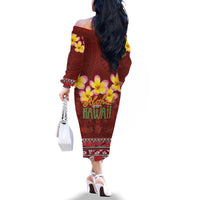 Aloha Plumeria Flowers Family Matching Off The Shoulder Long Sleeve Dress and Hawaiian Shirt With Hawaiian Style Tapa Tribal LT03 - Polynesian Pride
