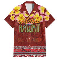 Aloha Plumeria Flowers Family Matching Off Shoulder Maxi Dress and Hawaiian Shirt With Hawaiian Style Tapa Tribal LT03 Dad's Shirt - Short Sleeve Red - Polynesian Pride