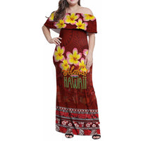 Aloha Plumeria Flowers Family Matching Off Shoulder Maxi Dress and Hawaiian Shirt With Hawaiian Style Tapa Tribal LT03 Mom's Dress Red - Polynesian Pride