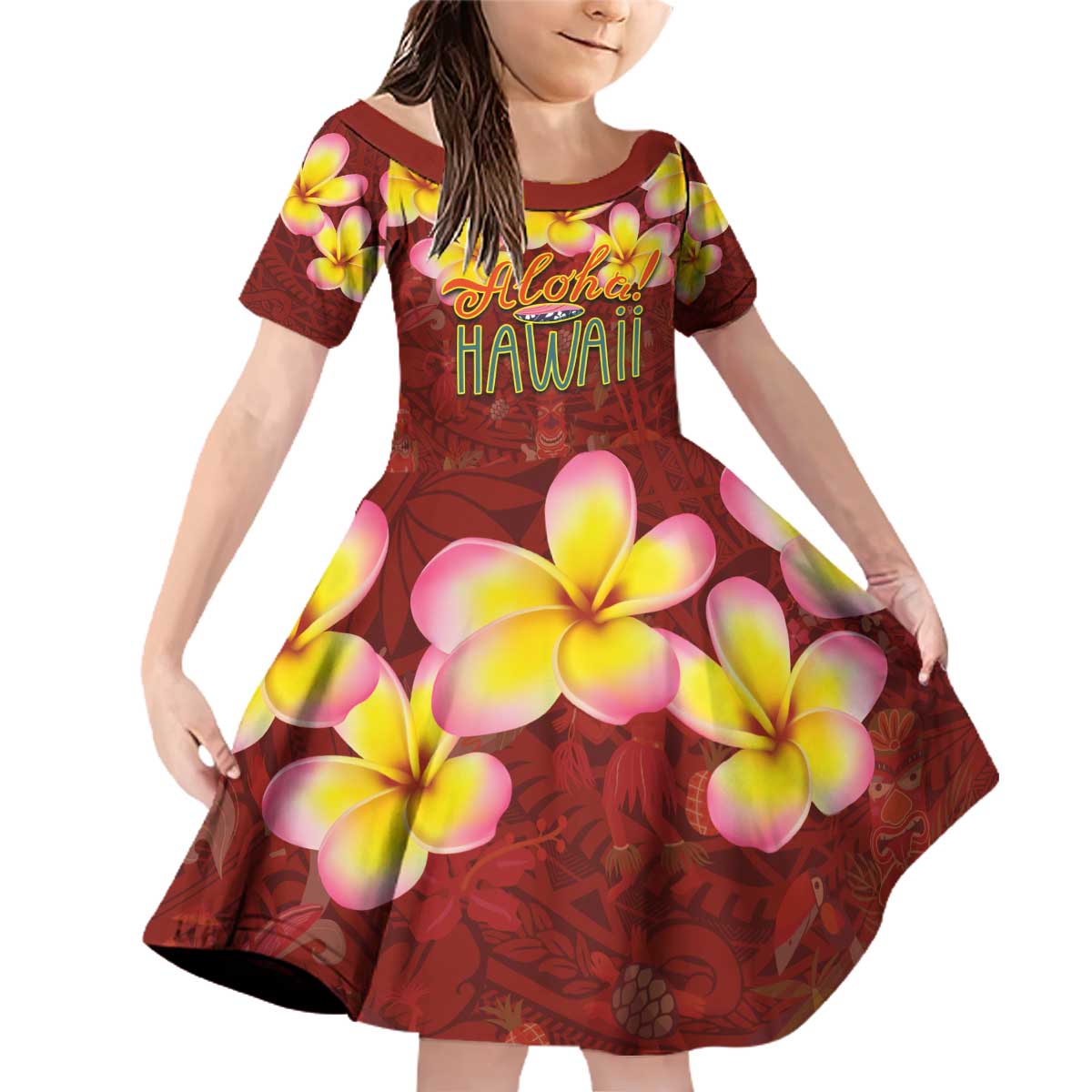 Aloha Plumeria Flowers Family Matching Off Shoulder Short Dress and Hawaiian Shirt With Hawaiian Style Tapa Tribal LT03 Daughter's Dress Red - Polynesian Pride