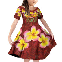 Aloha Plumeria Flowers Family Matching Off Shoulder Short Dress and Hawaiian Shirt With Hawaiian Style Tapa Tribal LT03 Daughter's Dress Red - Polynesian Pride