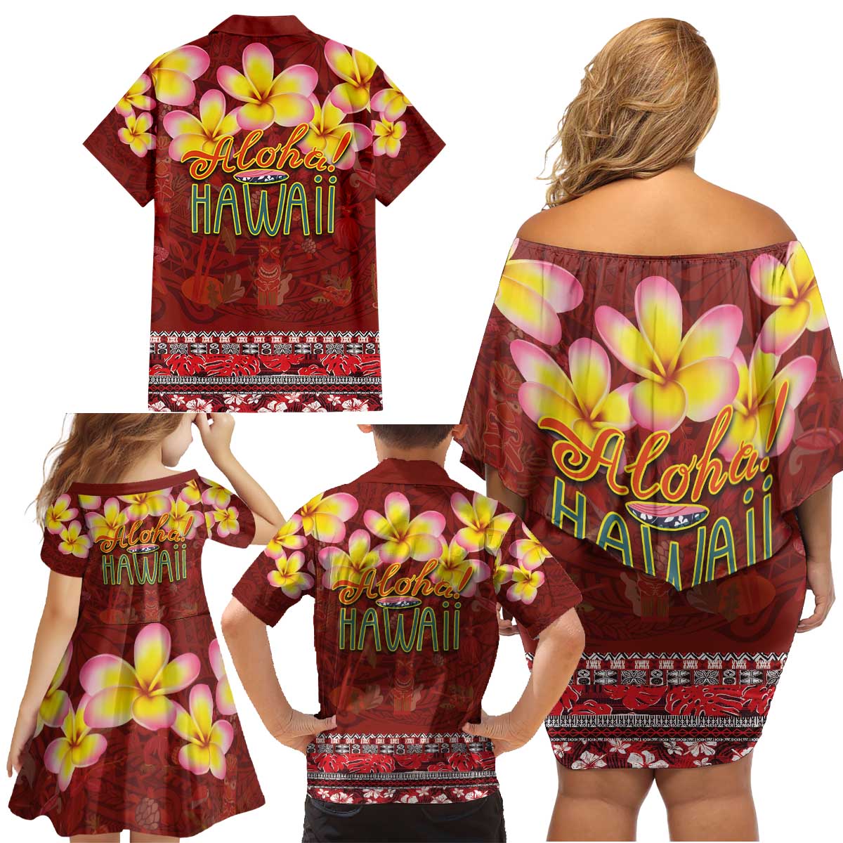 Aloha Plumeria Flowers Family Matching Off Shoulder Short Dress and Hawaiian Shirt With Hawaiian Style Tapa Tribal LT03 - Polynesian Pride