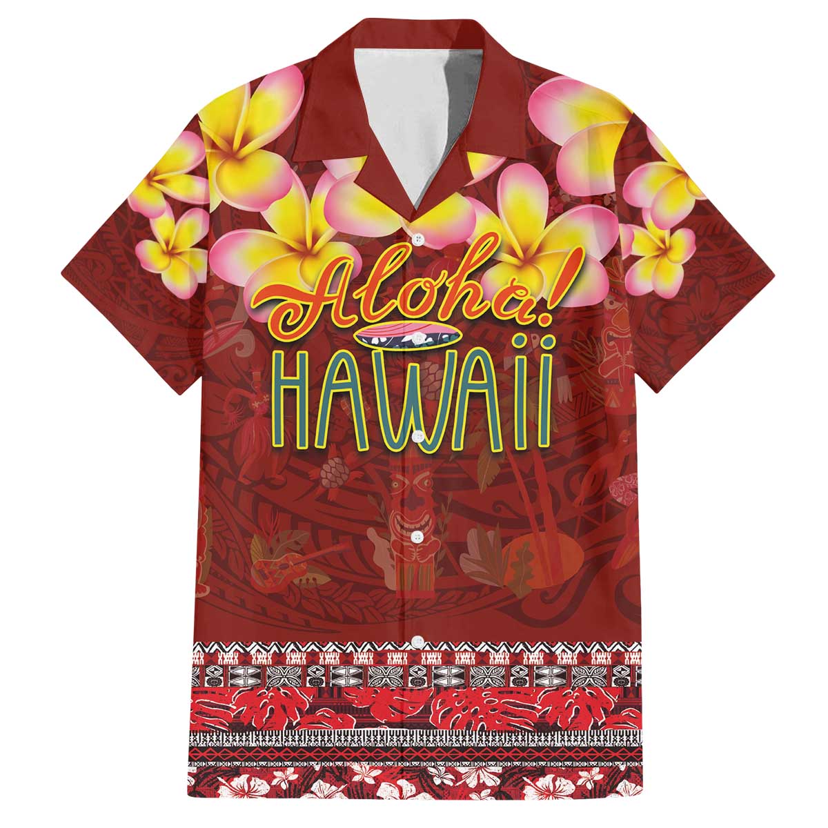 Aloha Plumeria Flowers Family Matching Off Shoulder Short Dress and Hawaiian Shirt With Hawaiian Style Tapa Tribal LT03 Dad's Shirt - Short Sleeve Red - Polynesian Pride