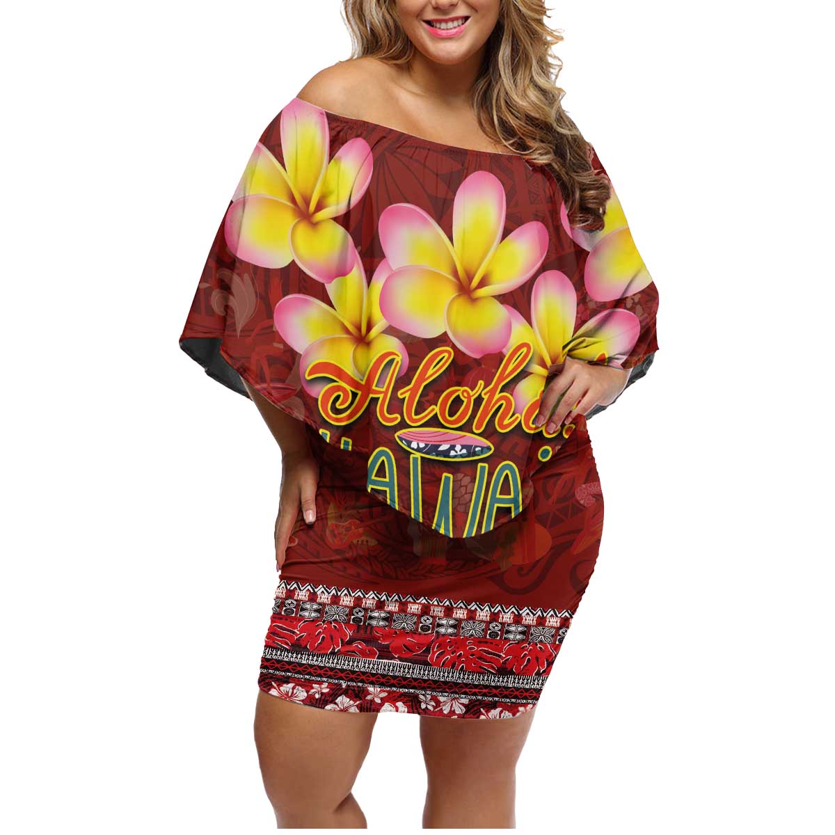 Aloha Plumeria Flowers Family Matching Off Shoulder Short Dress and Hawaiian Shirt With Hawaiian Style Tapa Tribal LT03 Mom's Dress Red - Polynesian Pride