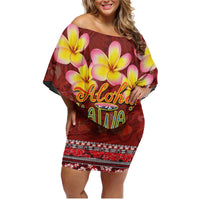 Aloha Plumeria Flowers Family Matching Off Shoulder Short Dress and Hawaiian Shirt With Hawaiian Style Tapa Tribal LT03 Mom's Dress Red - Polynesian Pride