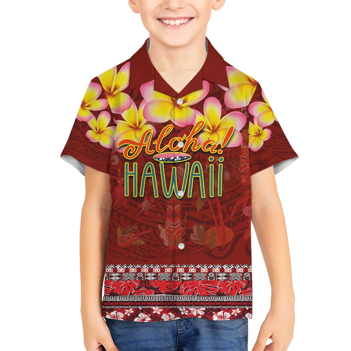 Aloha Plumeria Flowers Family Matching Off Shoulder Short Dress and Hawaiian Shirt With Hawaiian Style Tapa Tribal LT03 Son's Shirt Red - Polynesian Pride