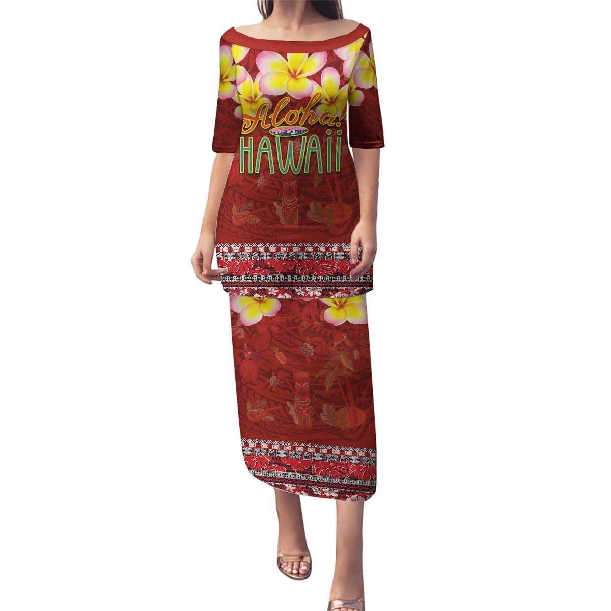 Aloha Plumeria Flowers Family Matching Puletasi and Hawaiian Shirt With Hawaiian Style Tapa Tribal LT03 Mom's Dress Red - Polynesian Pride