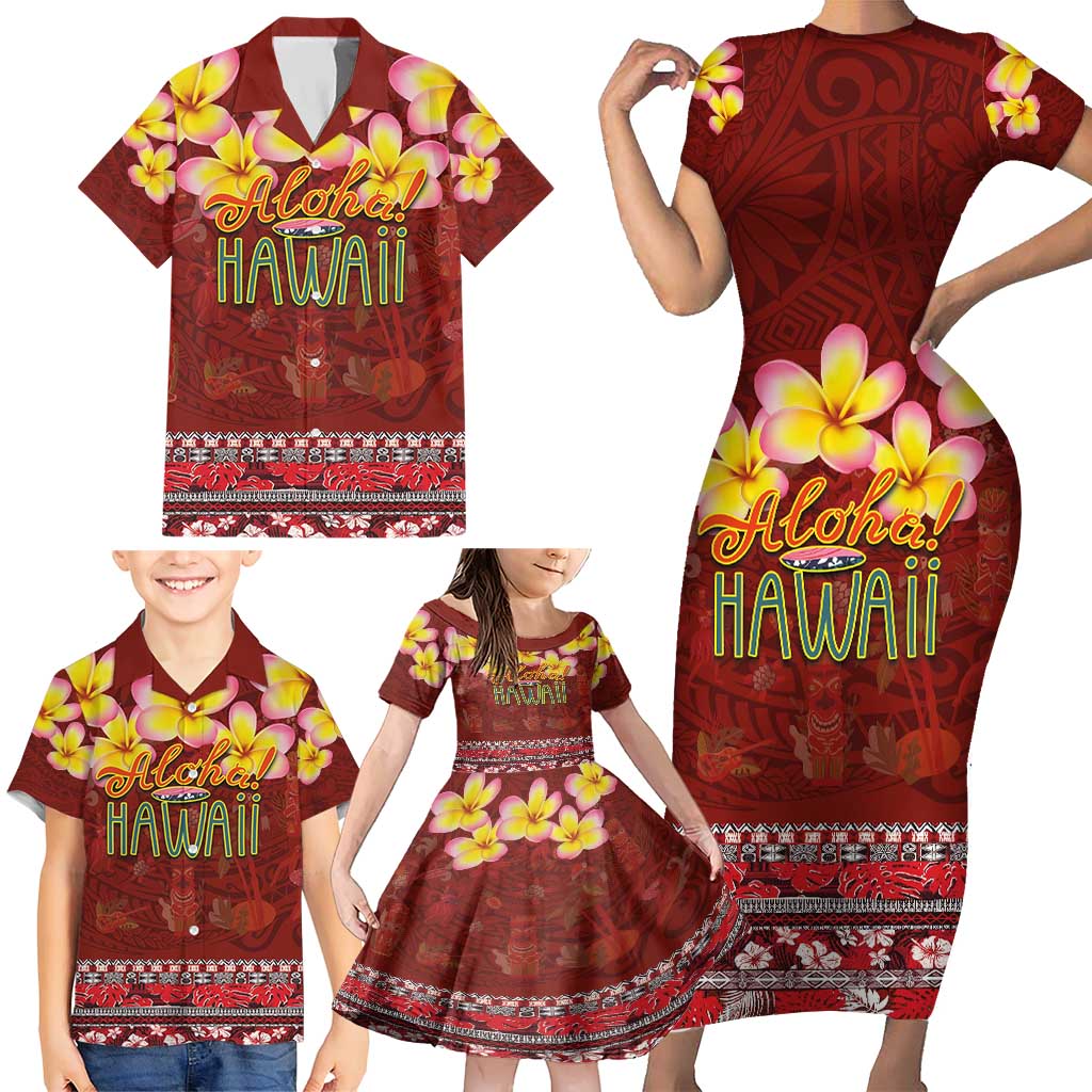 Aloha Plumeria Flowers Family Matching Short Sleeve Bodycon Dress and Hawaiian Shirt With Hawaiian Style Tapa Tribal LT03 - Polynesian Pride