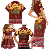 Aloha Plumeria Flowers Family Matching Short Sleeve Bodycon Dress and Hawaiian Shirt With Hawaiian Style Tapa Tribal LT03 - Polynesian Pride