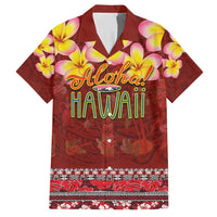 Aloha Plumeria Flowers Family Matching Short Sleeve Bodycon Dress and Hawaiian Shirt With Hawaiian Style Tapa Tribal LT03 Dad's Shirt - Short Sleeve Red - Polynesian Pride