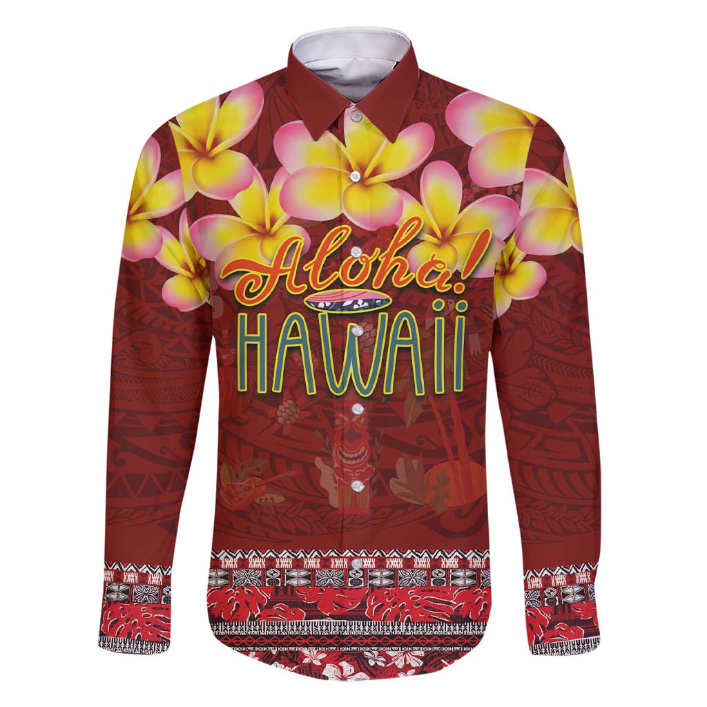 Aloha Plumeria Flowers Family Matching Short Sleeve Bodycon Dress and Hawaiian Shirt With Hawaiian Style Tapa Tribal LT03 Dad's Shirt - Long Sleeve Red - Polynesian Pride
