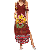 Aloha Plumeria Flowers Family Matching Summer Maxi Dress and Hawaiian Shirt With Hawaiian Style Tapa Tribal LT03 Mom's Dress Red - Polynesian Pride