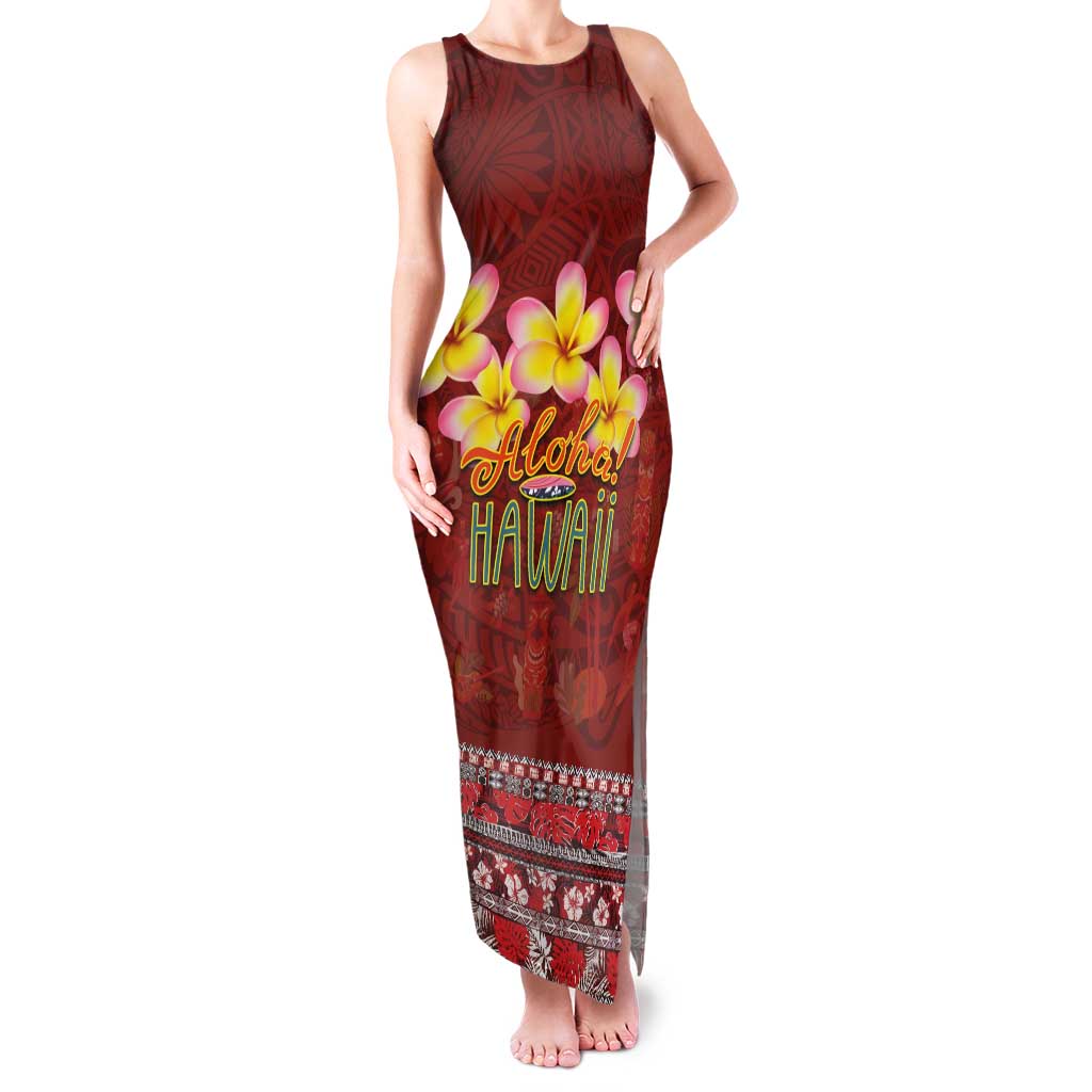 Aloha Plumeria Flowers Family Matching Tank Maxi Dress and Hawaiian Shirt With Hawaiian Style Tapa Tribal LT03 Mom's Dress Red - Polynesian Pride