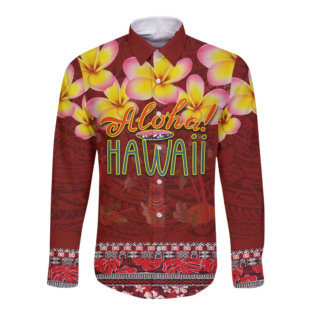 Aloha Plumeria Flowers Long Sleeve Button Shirt With Hawaiian Style Tapa Tribal LT03 Unisex Red - Polynesian Pride