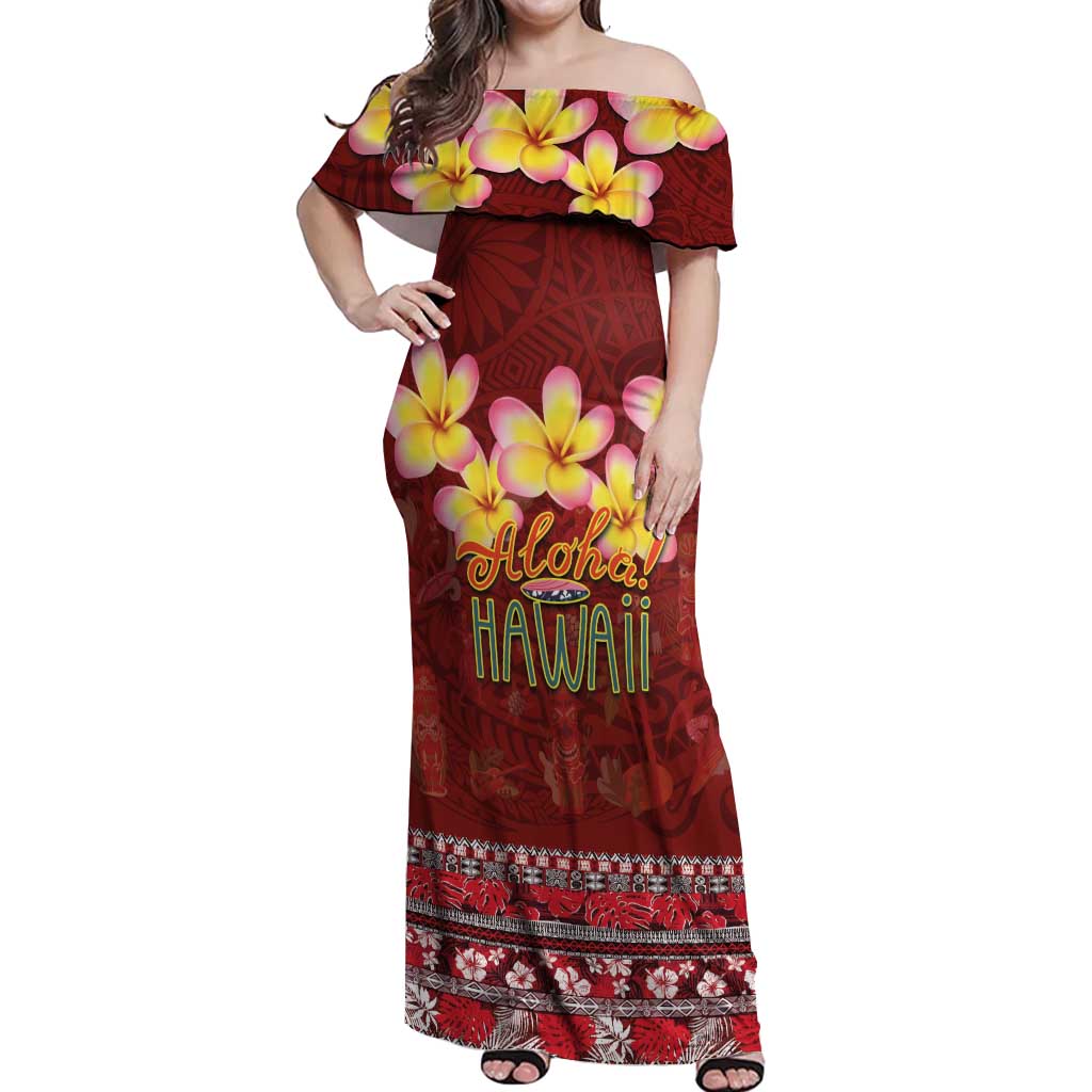 Aloha Plumeria Flowers Off Shoulder Maxi Dress With Hawaiian Style Tapa Tribal