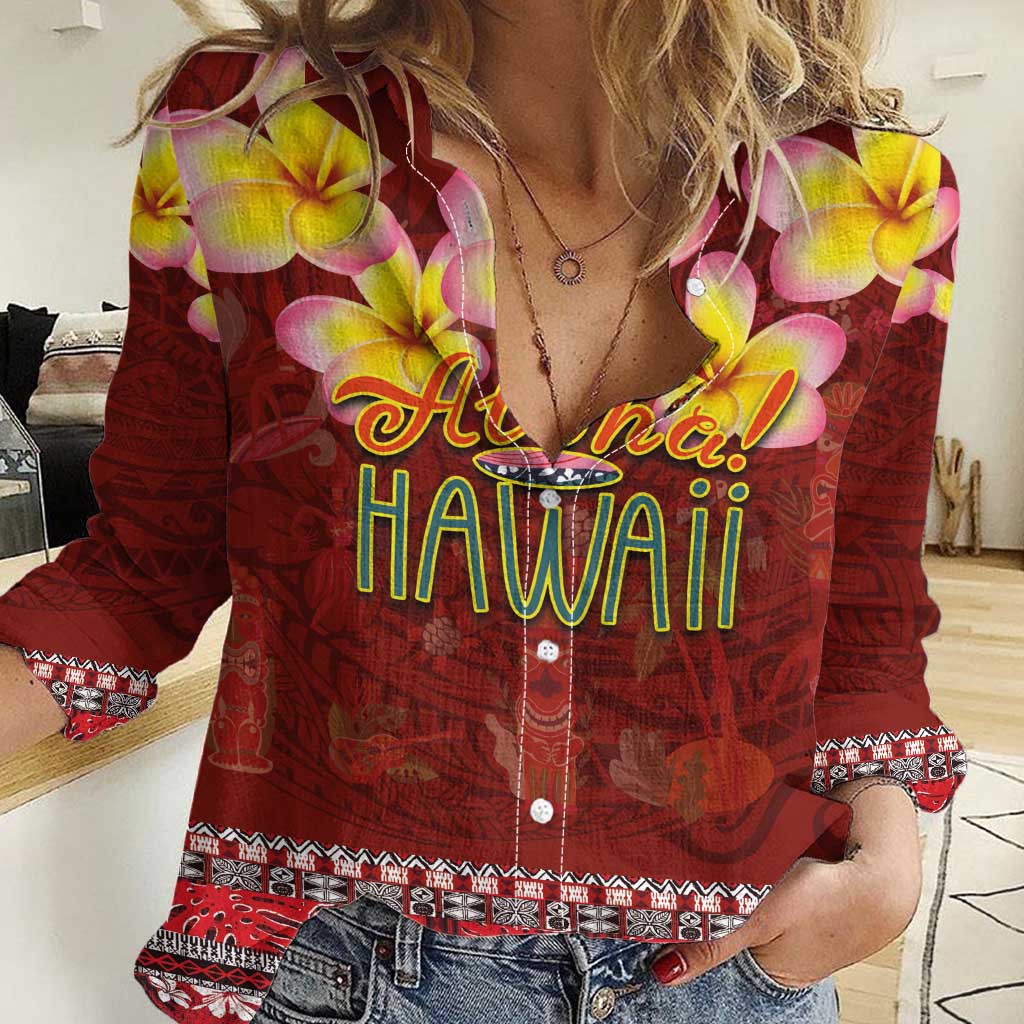 Aloha Plumeria Flowers Women Casual Shirt With Hawaiian Style Tapa Tribal LT03 Female Red - Polynesian Pride