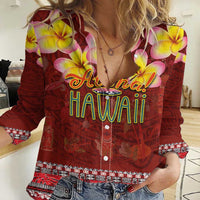 Aloha Plumeria Flowers Women Casual Shirt With Hawaiian Style Tapa Tribal LT03 Female Red - Polynesian Pride