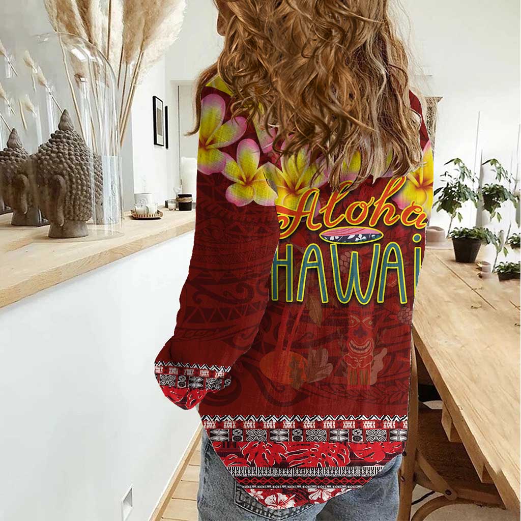 Aloha Plumeria Flowers Women Casual Shirt With Hawaiian Style Tapa Tribal LT03 - Polynesian Pride