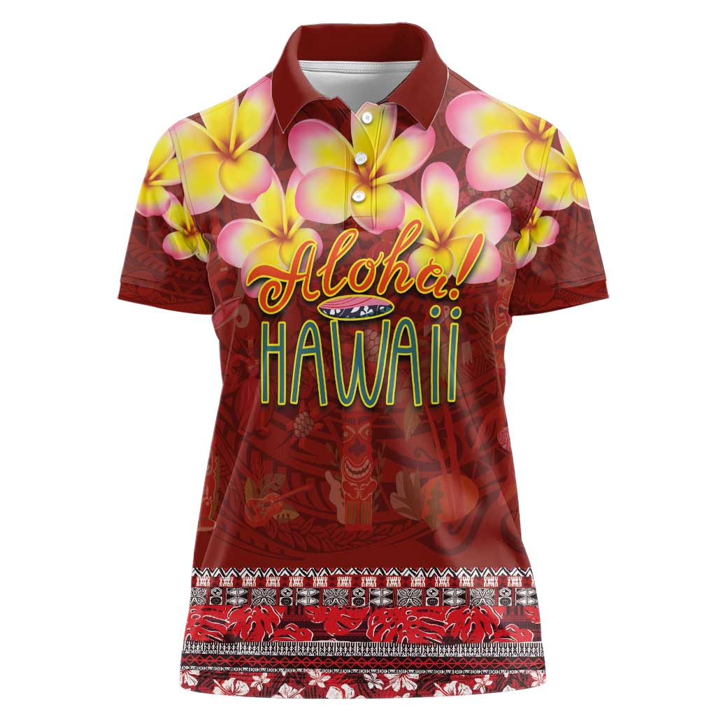 Aloha Plumeria Flowers Women Polo Shirt With Hawaiian Style Tapa Tribal LT03 Female Red - Polynesian Pride