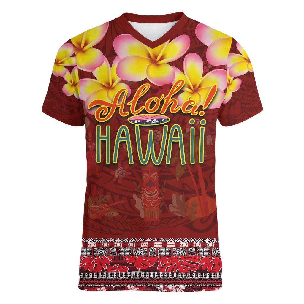 Aloha Plumeria Flowers Women V-Neck T-Shirt With Hawaiian Style Tapa Tribal