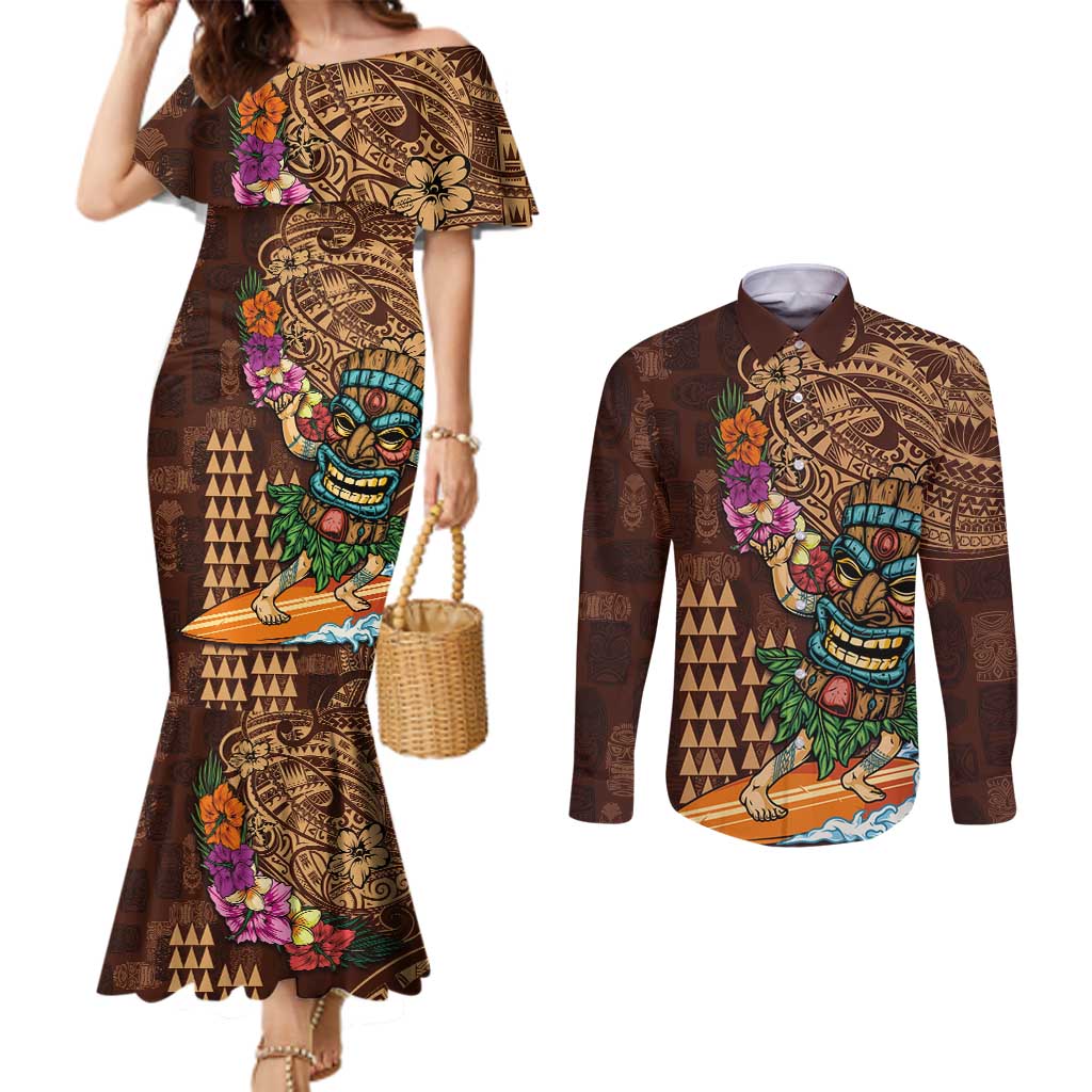 Hawaiian Tiki Mask Surfing Kakau Pattern Couples Matching Mermaid Dress and Long Sleeve Button Shirt