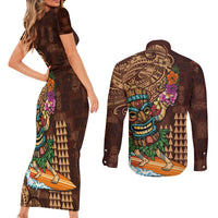 Hawaiian Tiki Mask Surfing Kakau Pattern Couples Matching Short Sleeve Bodycon Dress and Long Sleeve Button Shirt