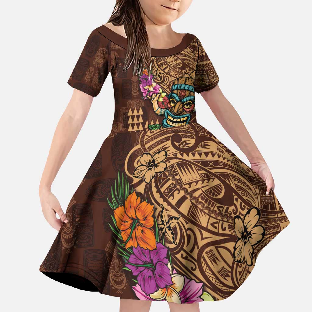 Hawaiian Tiki Mask Surfing Kakau Pattern Family Matching Long Sleeve Bodycon Dress and Hawaiian Shirt LT03 Daughter's Dress Brown - Polynesian Pride