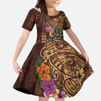 Hawaiian Tiki Mask Surfing Kakau Pattern Family Matching Long Sleeve Bodycon Dress and Hawaiian Shirt LT03 Daughter's Dress Brown - Polynesian Pride