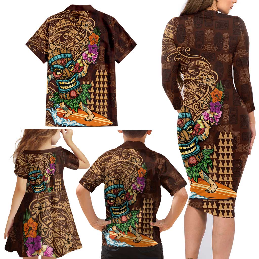 Hawaiian Tiki Mask Surfing Kakau Pattern Family Matching Long Sleeve Bodycon Dress and Hawaiian Shirt LT03 - Polynesian Pride