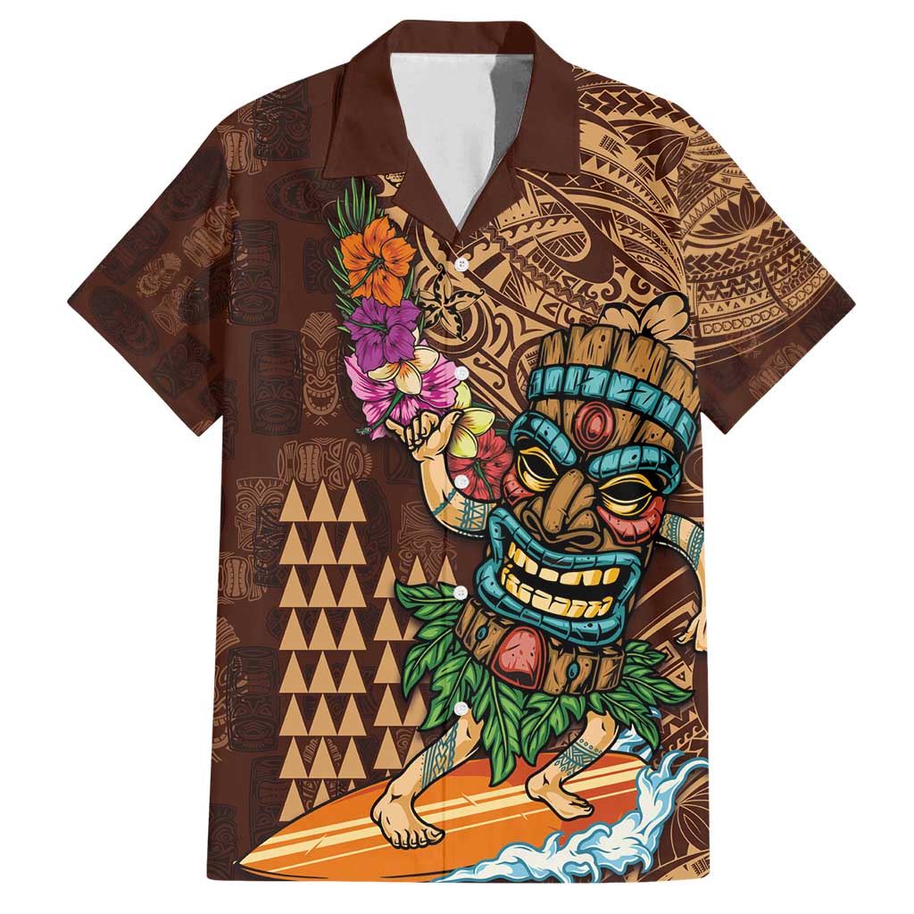 Hawaiian Tiki Mask Surfing Kakau Pattern Family Matching Long Sleeve Bodycon Dress and Hawaiian Shirt LT03 Dad's Shirt - Short Sleeve Brown - Polynesian Pride