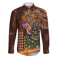 Hawaiian Tiki Mask Surfing Kakau Pattern Family Matching Long Sleeve Bodycon Dress and Hawaiian Shirt LT03 Dad's Shirt - Long Sleeve Brown - Polynesian Pride