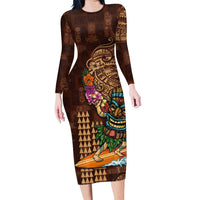 Hawaiian Tiki Mask Surfing Kakau Pattern Family Matching Long Sleeve Bodycon Dress and Hawaiian Shirt LT03 Mom's Dress Brown - Polynesian Pride