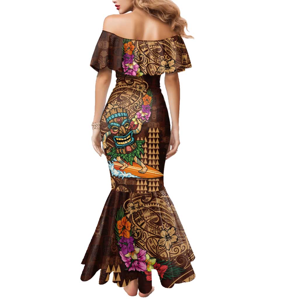 Hawaiian Tiki Mask Surfing Kakau Pattern Family Matching Mermaid Dress and Hawaiian Shirt